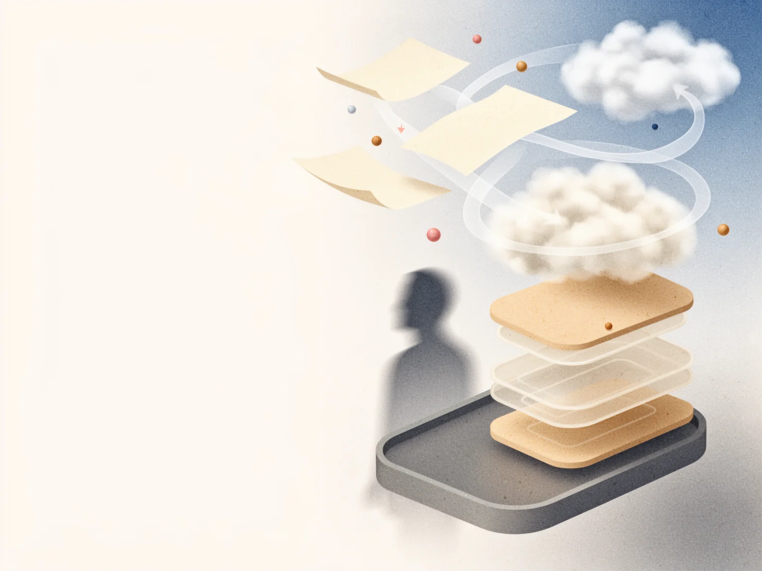 Abstrakte Editorial-Illustration mit ruhig sortierten Anfrage- und Papierformen in heller Wolkano-Atmosphäre.