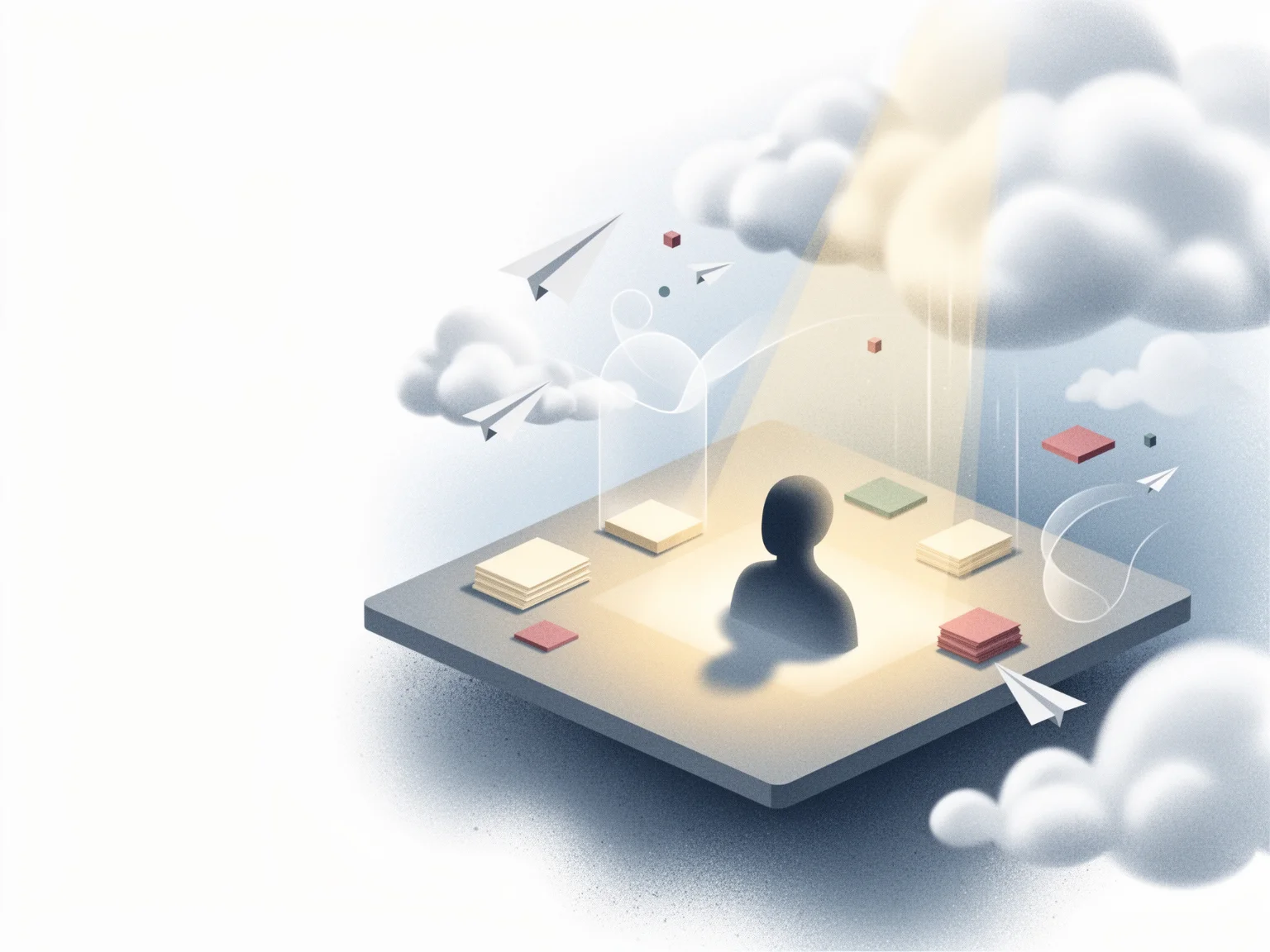 Ruhige Editorial-Illustration mit konzentrierter Person, Papierflächen und klar sortierten Statuskarten.