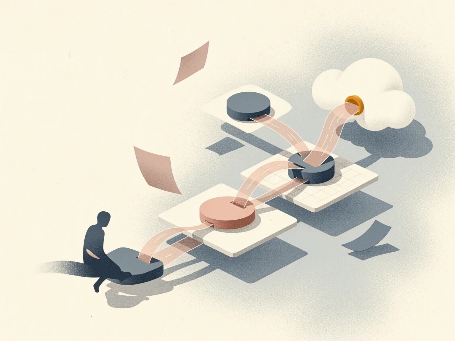 Abstrakte Editorial-Illustration mit ruhigen Prozess-, Papier- und Verbindungsformen in Wolkano-Farbwelt.