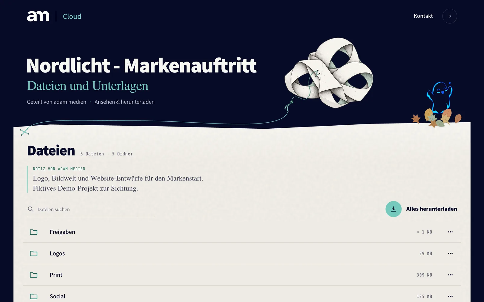 Branded-Cloud-Freigabe „Nordlicht – Markenauftritt“ in Navy und Papier, Desktop