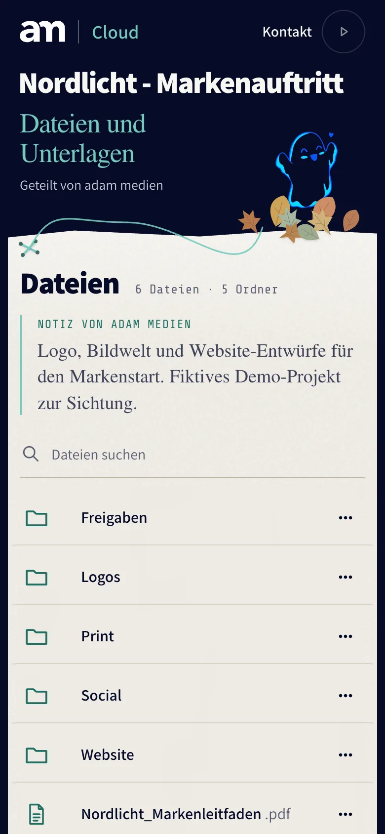 Branded-Cloud-Freigabe „Nordlicht – Markenauftritt“ in Navy und Papier, Smartphone