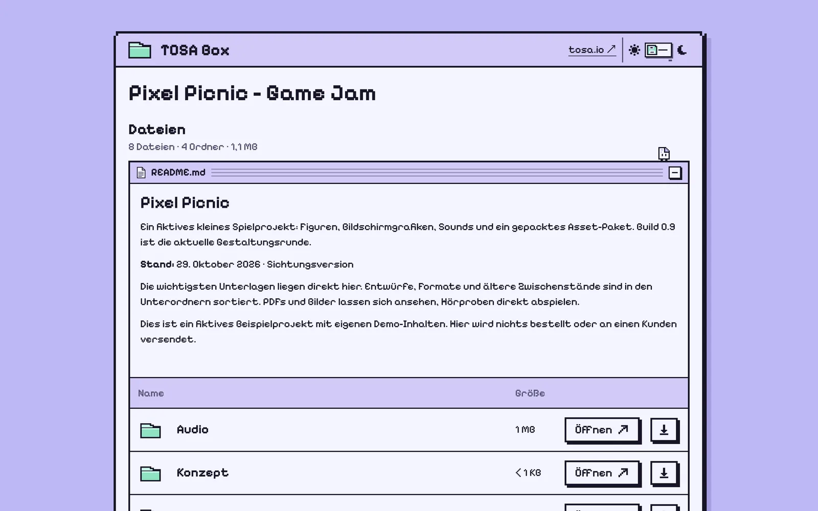 Diskette-Freigabe „Pixel Picnic – Game Jam“ mit README und Ordnern, Desktop