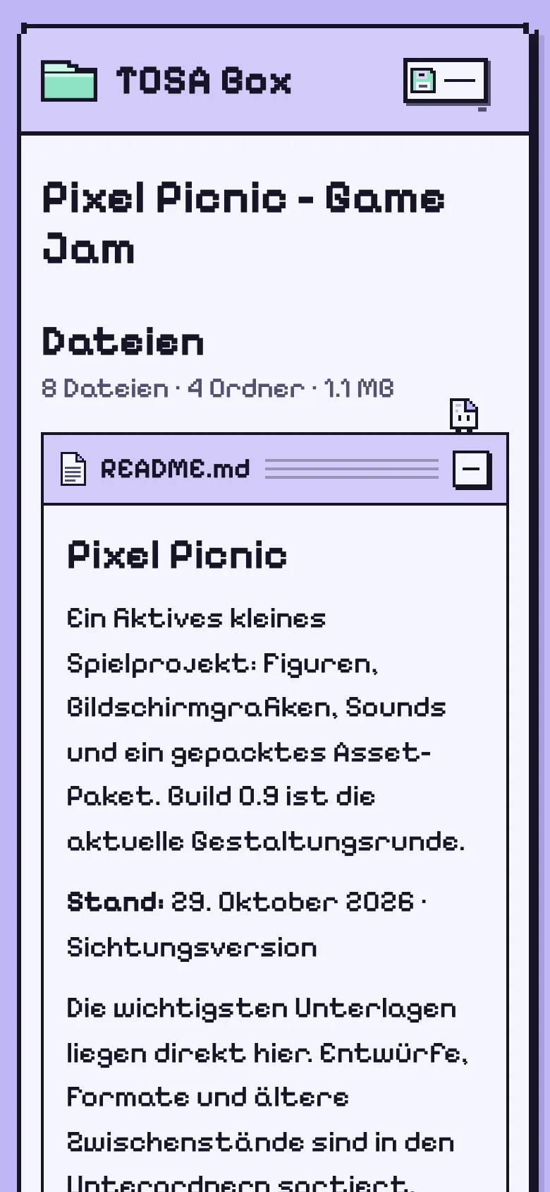 Diskette-Freigabe „Pixel Picnic – Game Jam“ mit README und Ordnern, Smartphone
