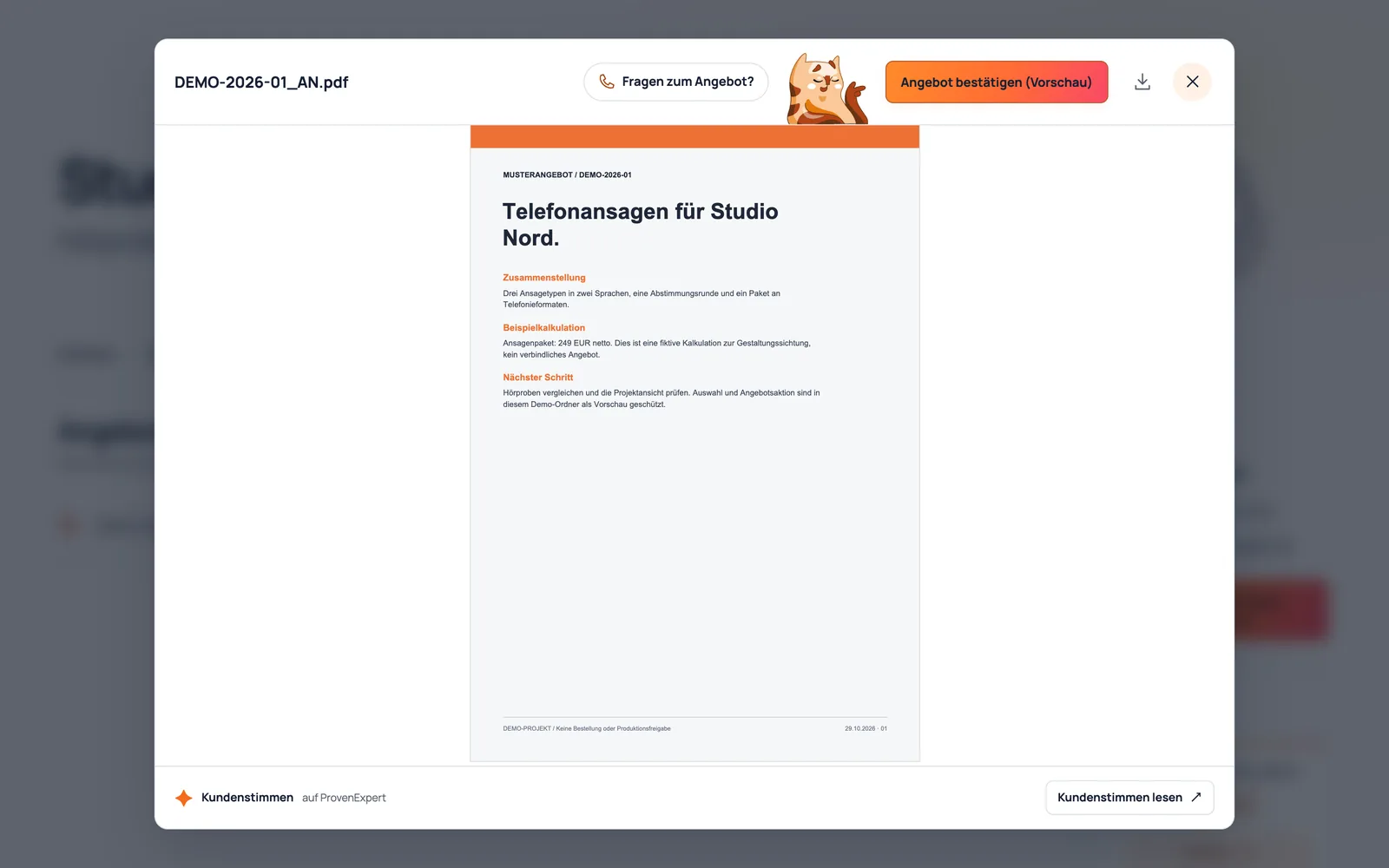 Musterangebot im PDF-Viewer mit den Aktionen „Fragen zum Angebot?“ und „Angebot bestätigen (Vorschau)“