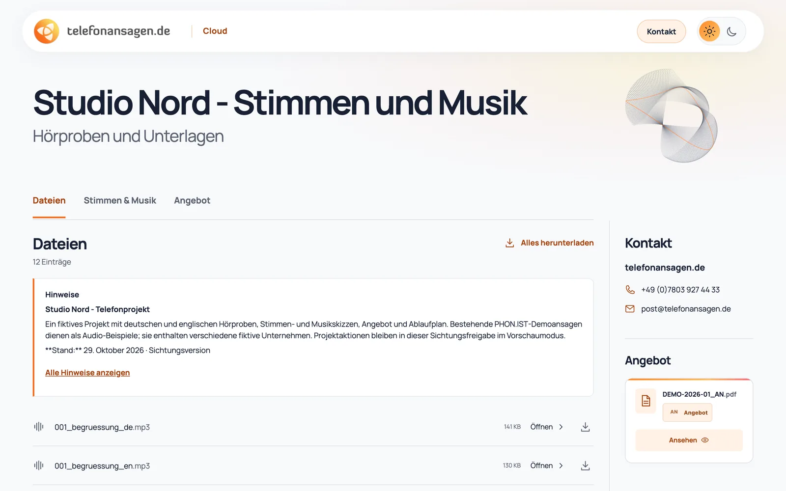 Nextcloud-Freigabe Studio Nord mit Projektkontext und echten Beispieldateien