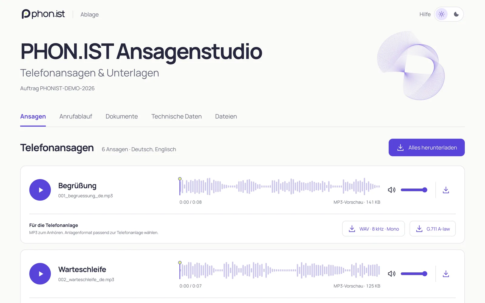 Audio-Studio-Freigabe „PHON.IST – Ansagenstudio“ mit Audioplayern, Desktop