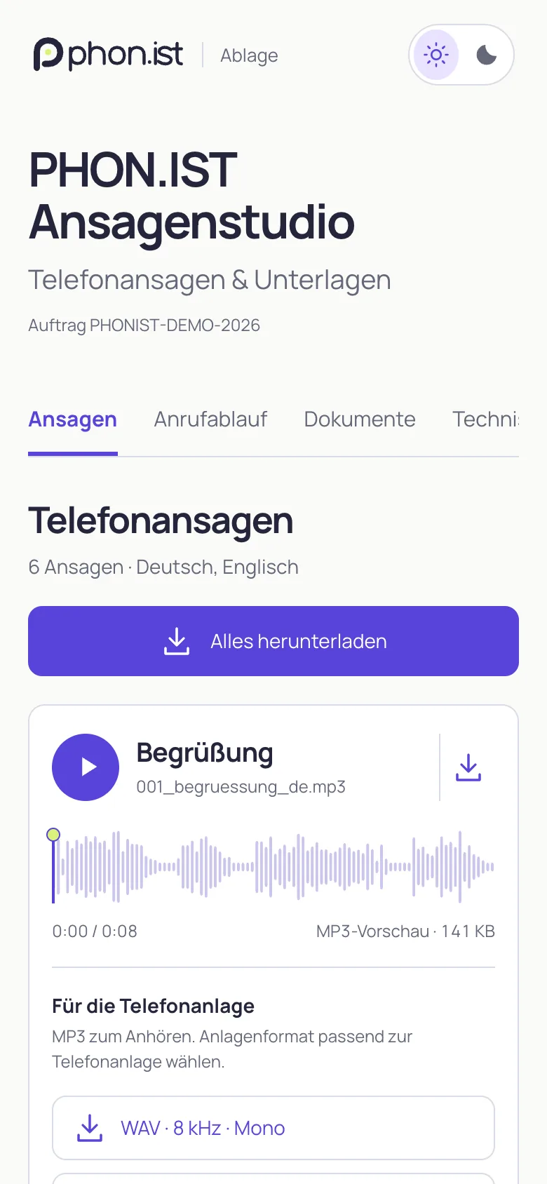 Audio-Studio-Freigabe „PHON.IST – Ansagenstudio“ mit Audioplayern, Smartphone