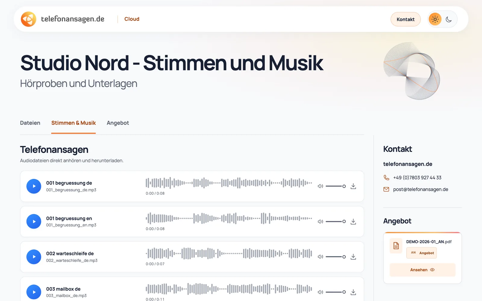 Audio-Studio-Freigabe „Studio Nord – Stimmen und Musik“ in heller Gestaltung, Desktop