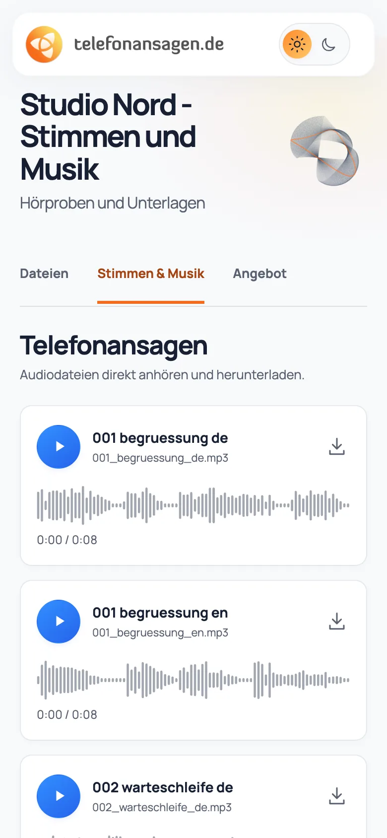 Audio-Studio-Freigabe „Studio Nord – Stimmen und Musik“ in heller Gestaltung, Smartphone