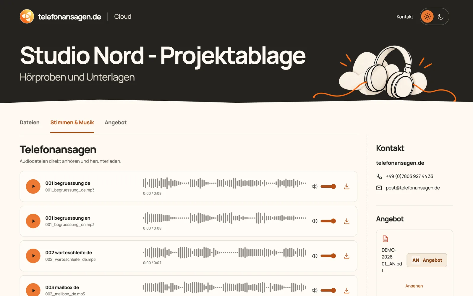 Audio-Studio-Freigabe „Studio Nord – Projektablage“ in dunkler Papier-Gestaltung, Desktop