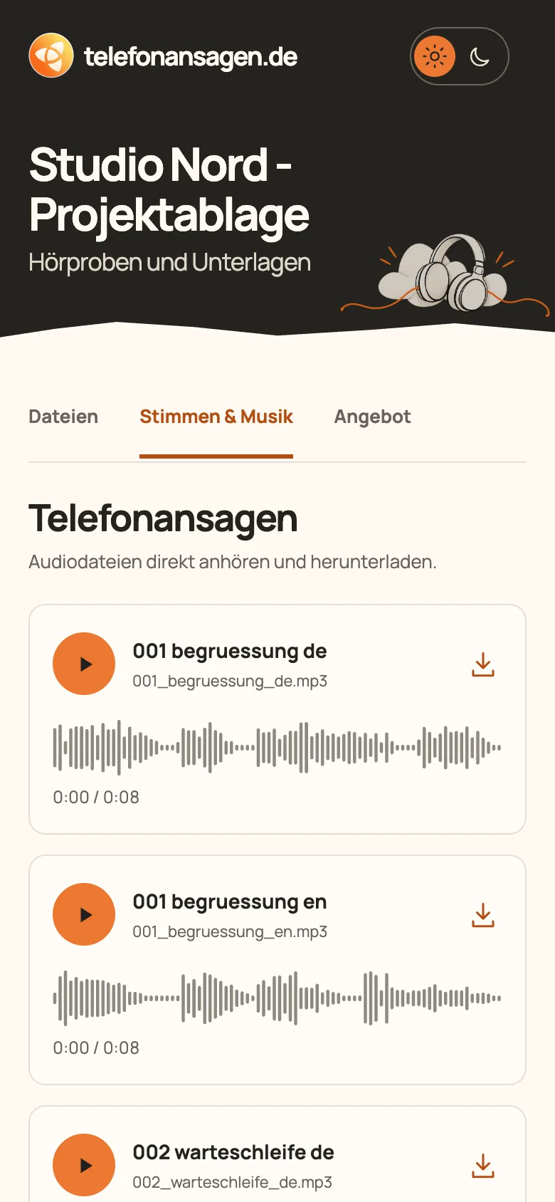 Audio-Studio-Freigabe „Studio Nord – Projektablage“ in dunkler Papier-Gestaltung, Smartphone
