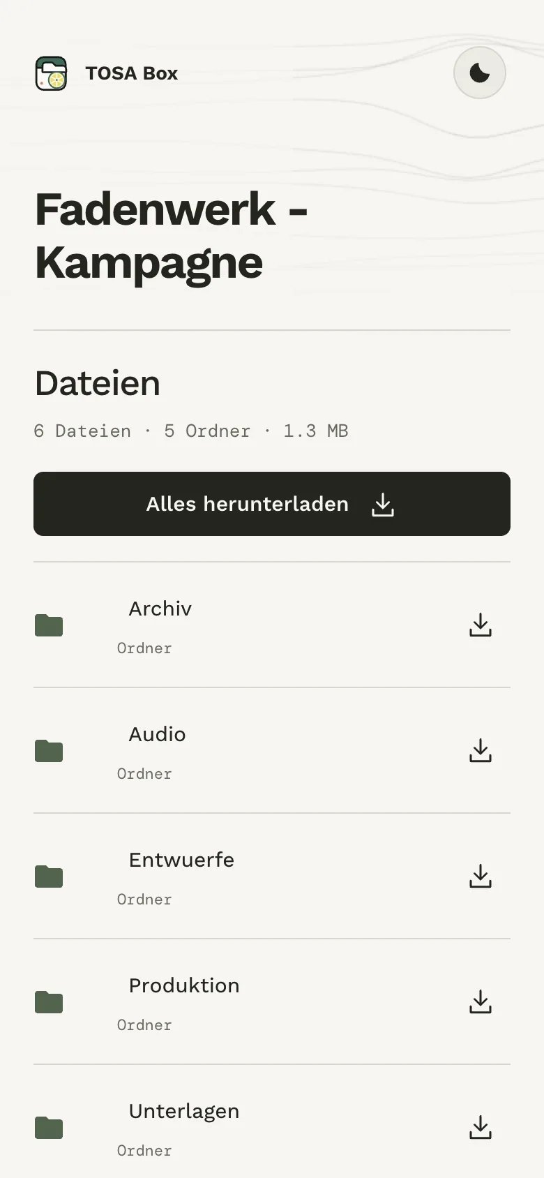 Thread-Cloud-Freigabe „Fadenwerk – Kampagne“ mit Dateiliste, Smartphone