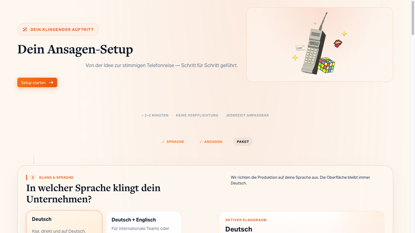 Call Flow Studio Onboarding mit strukturiertem Einstieg in die Telefonansagen-Strecke