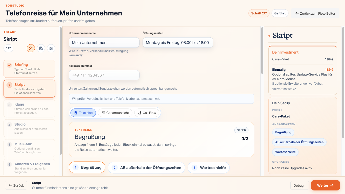 Call Flow Studio Textreise fuer Telefonansagen und gefuehrte Ansagen-Struktur