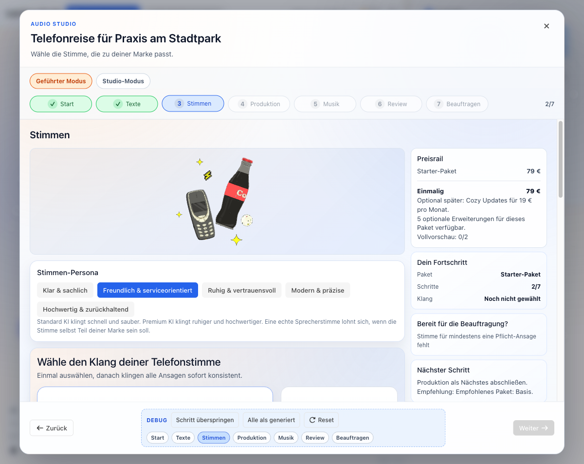 Call Flow Studio Stimmenauswahl mit Persona-Karten und Hoerproben