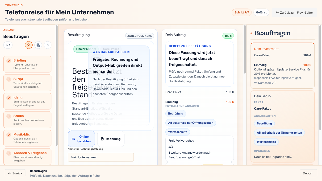 Call Flow Studio Checkout als finaler Schritt der gefuehrten Produktstrecke