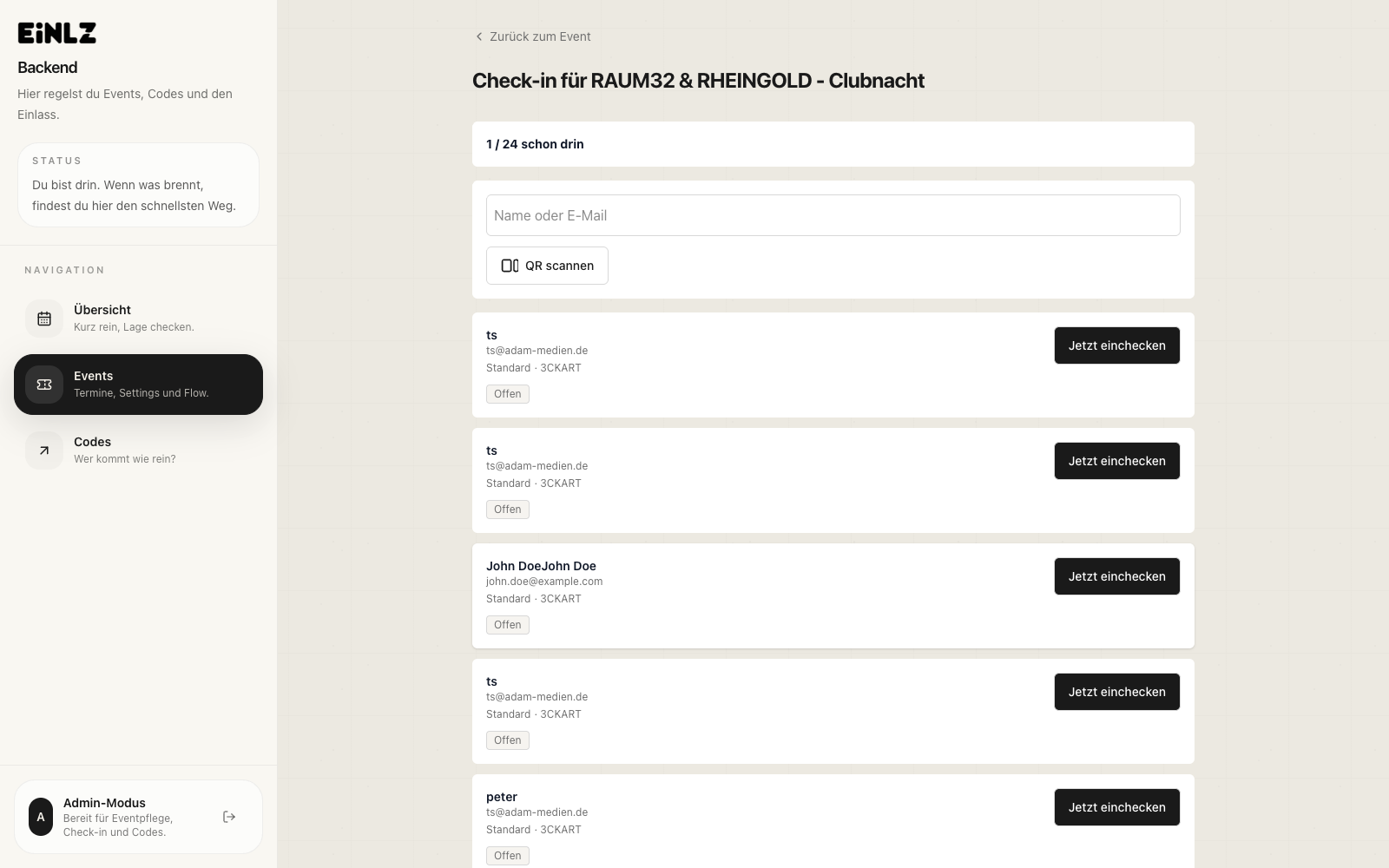 EINLZ Check-in Ansicht mit Teilnehmerstatus, Suche und QR-Funktionen