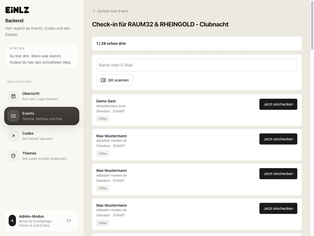 EINLZ Check-in mit Suche, QR-Scan und Live-Status