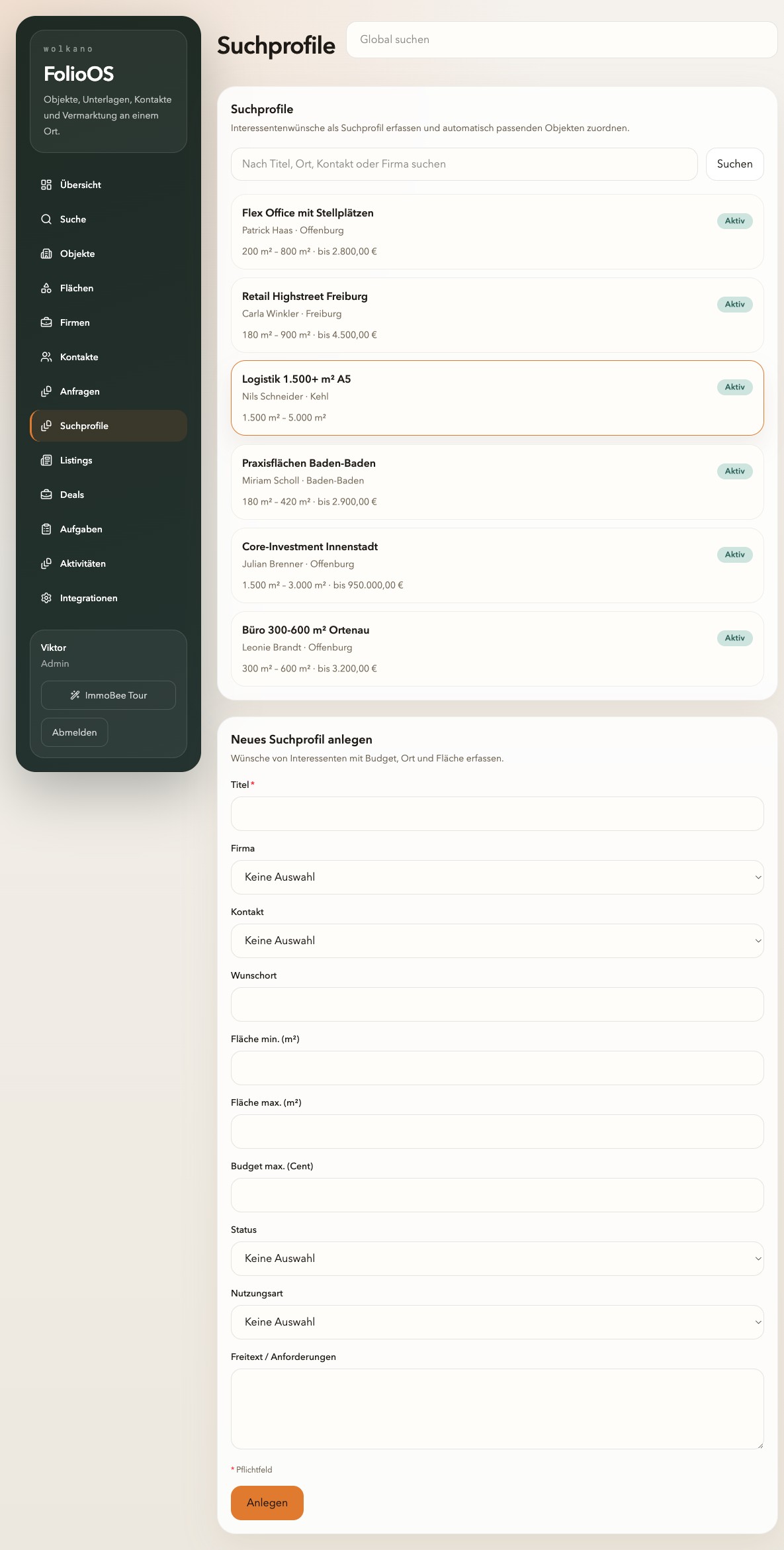 FolioOS Suchprofile mit aktiven Matching-Kriterien