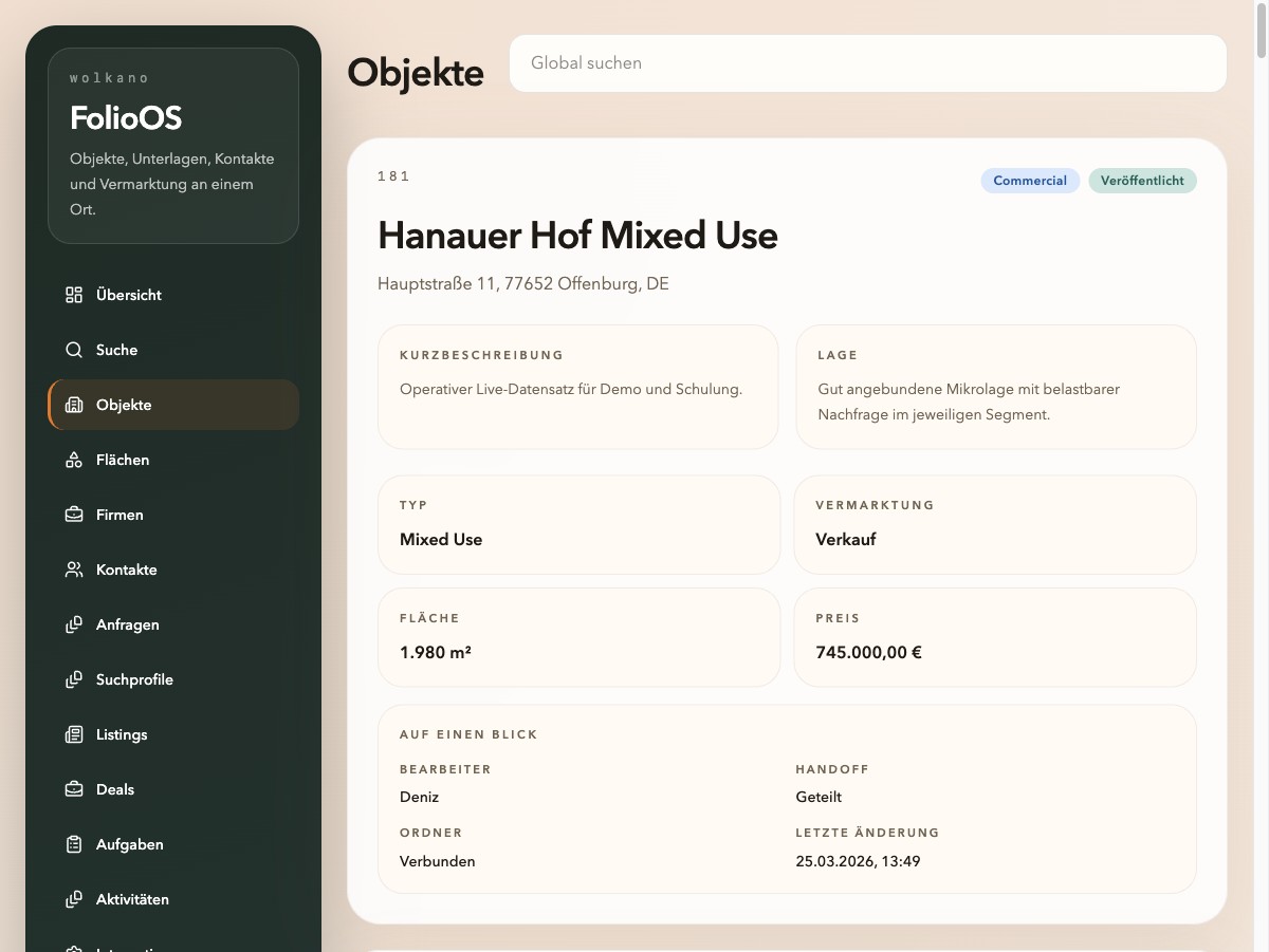 FolioOS Objektdetail mit Objektakte, Status und Kerndaten