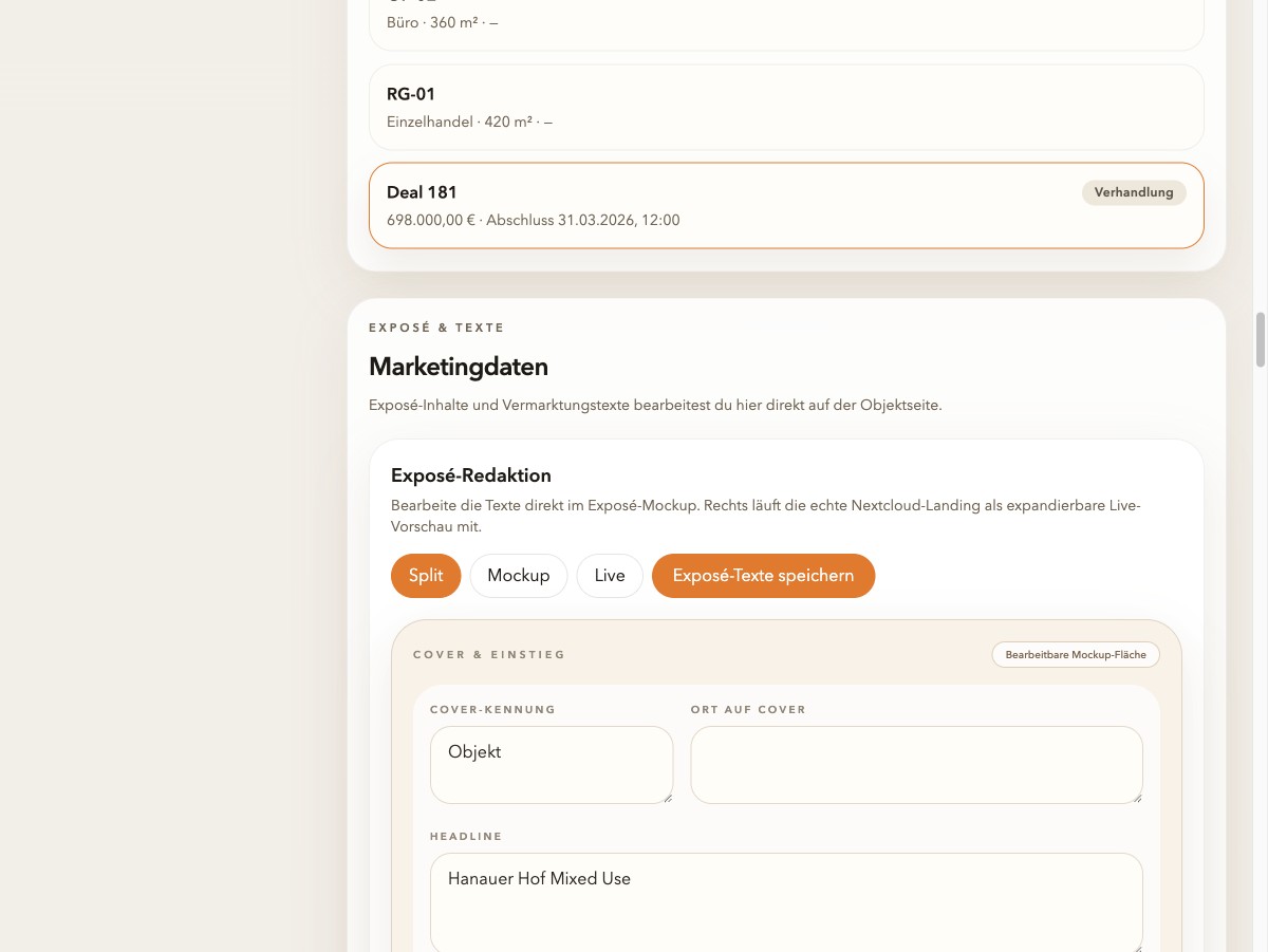 FolioOS Expose-Redaktion mit Split- und Live-Ansicht