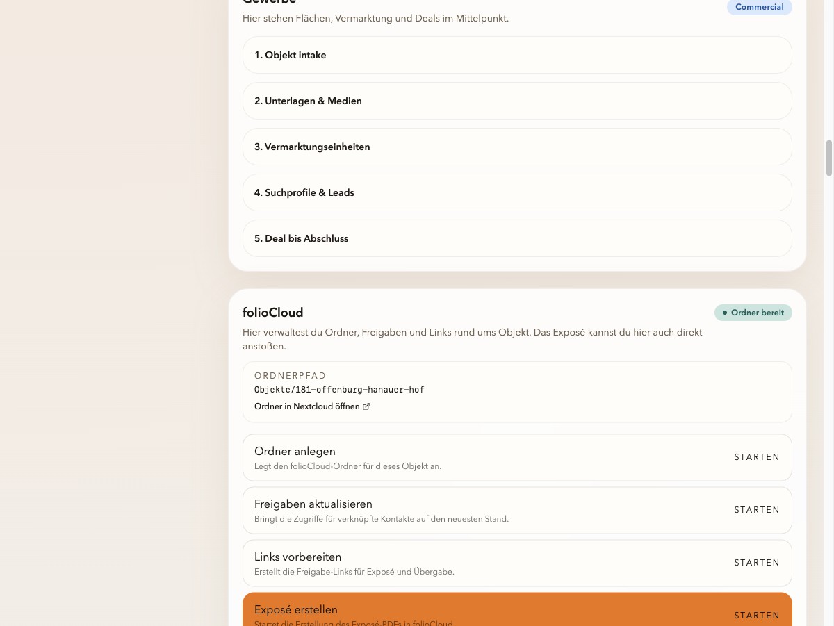 FolioOS folioCloud-Bereich mit Ordnerstatus und Objekt-Dokumentenlogik