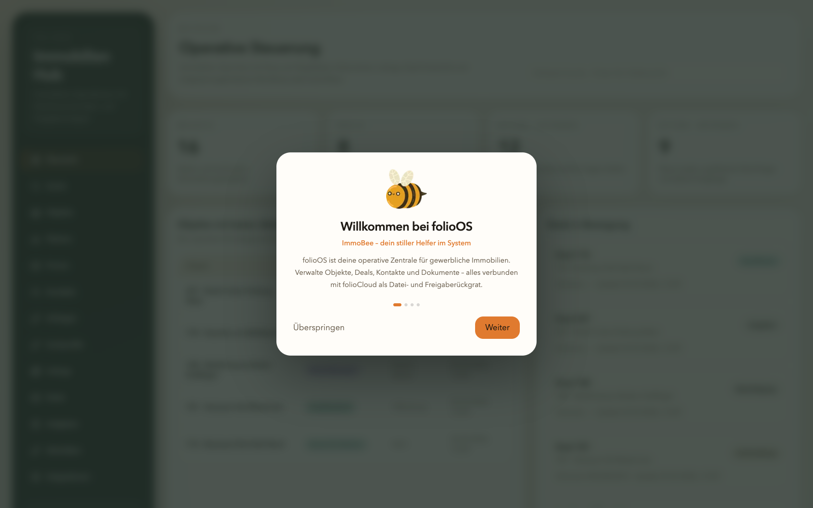 folioOS Übersicht mit KPI-Kacheln, Objektaktivität, Deals und Aufgaben