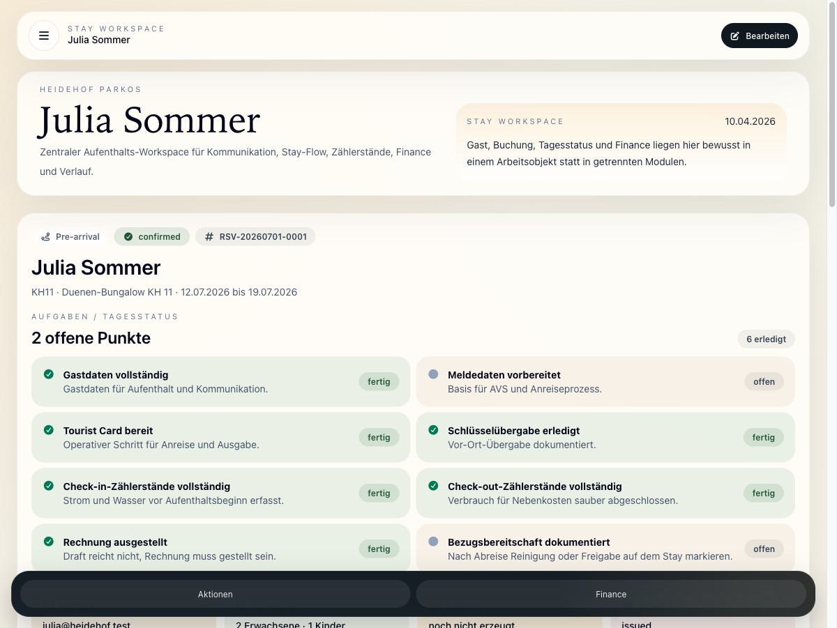 ParkOS Stay-Workspace mit Checklist, Status und Aufenthaltskontext