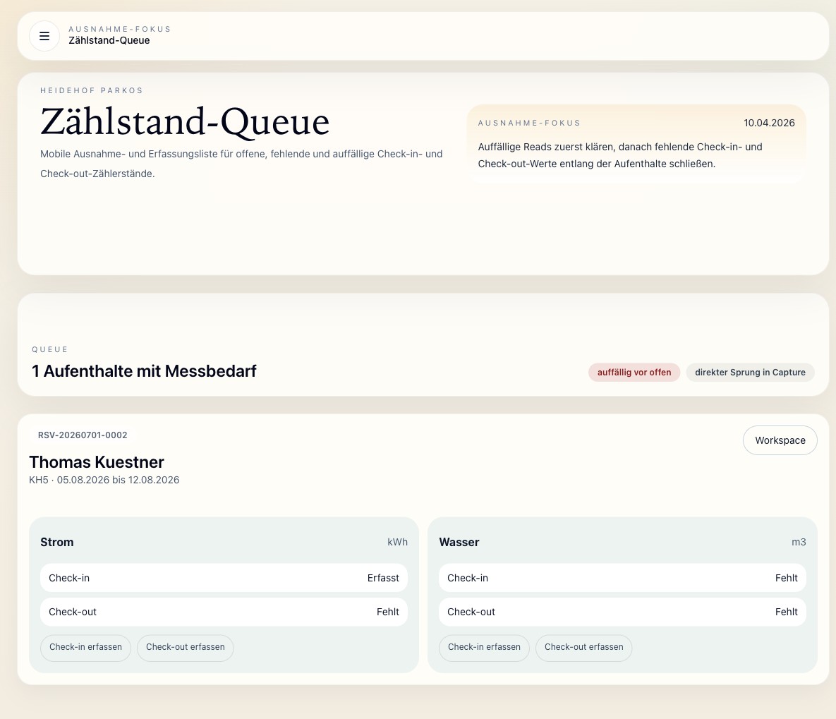 ParkOS Zählerstand-Queue mit Messbedarf und operativen Folgeaktionen