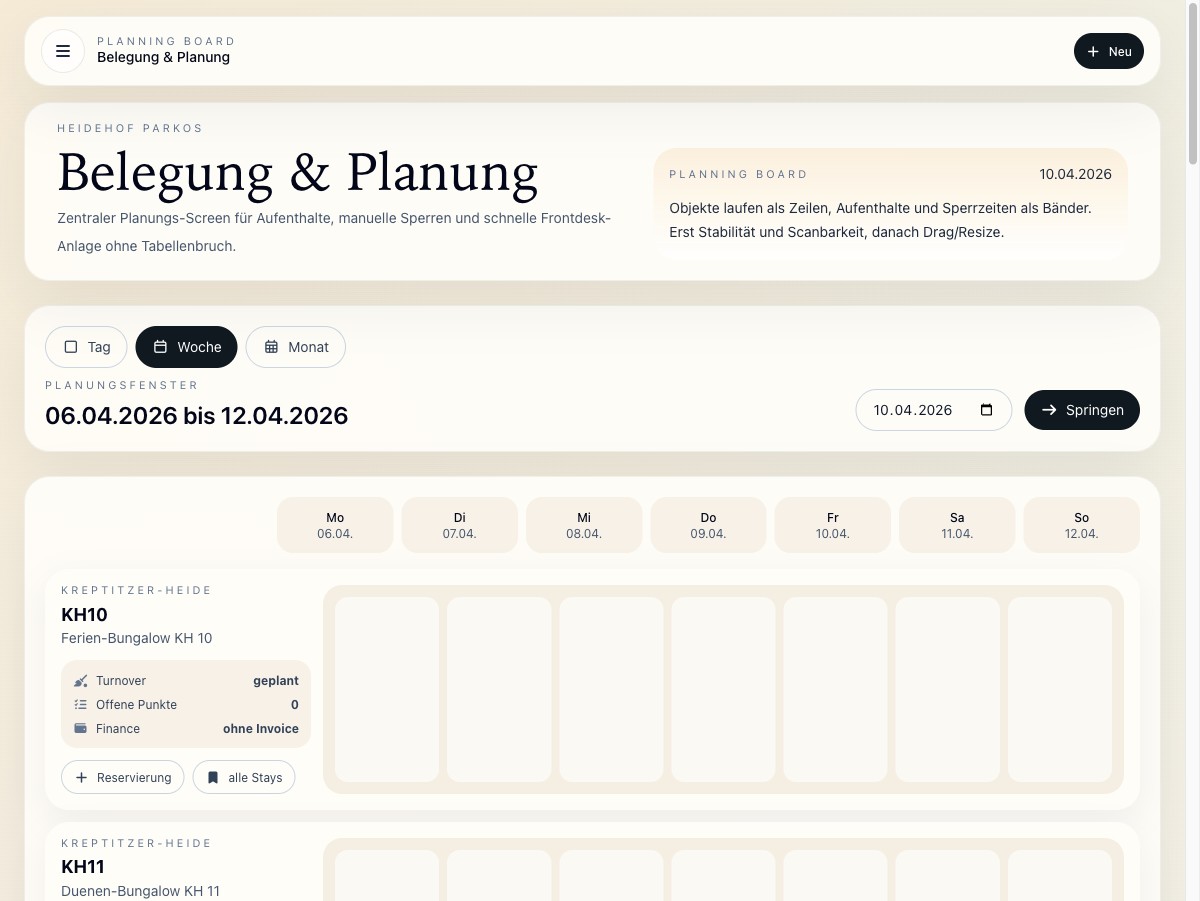 ParkOS Planungsboard mit Belegung und Betriebslogik