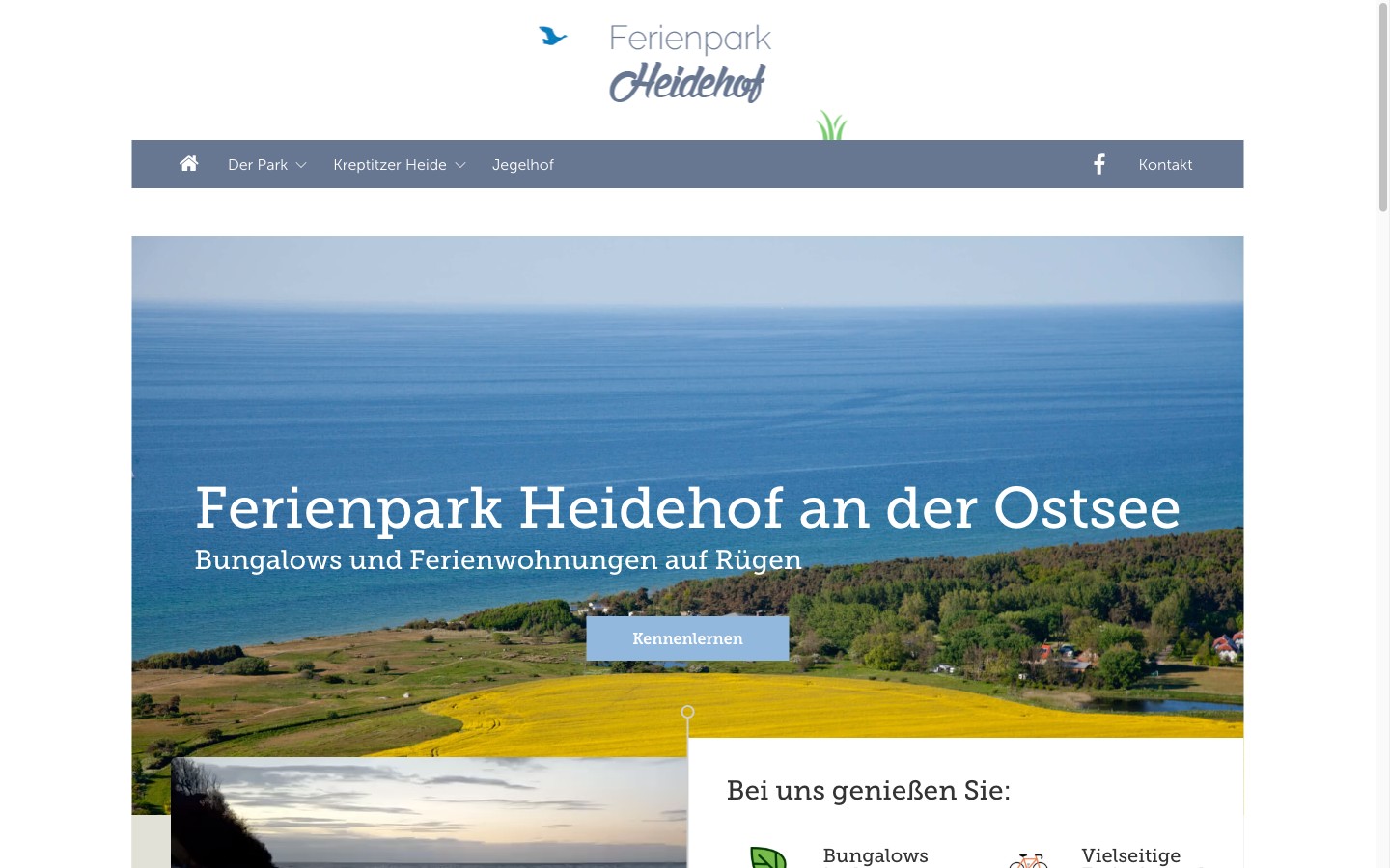 Ferienpark Heidehof Desktop Hero mit Küstenaufnahme und Booking-CTA