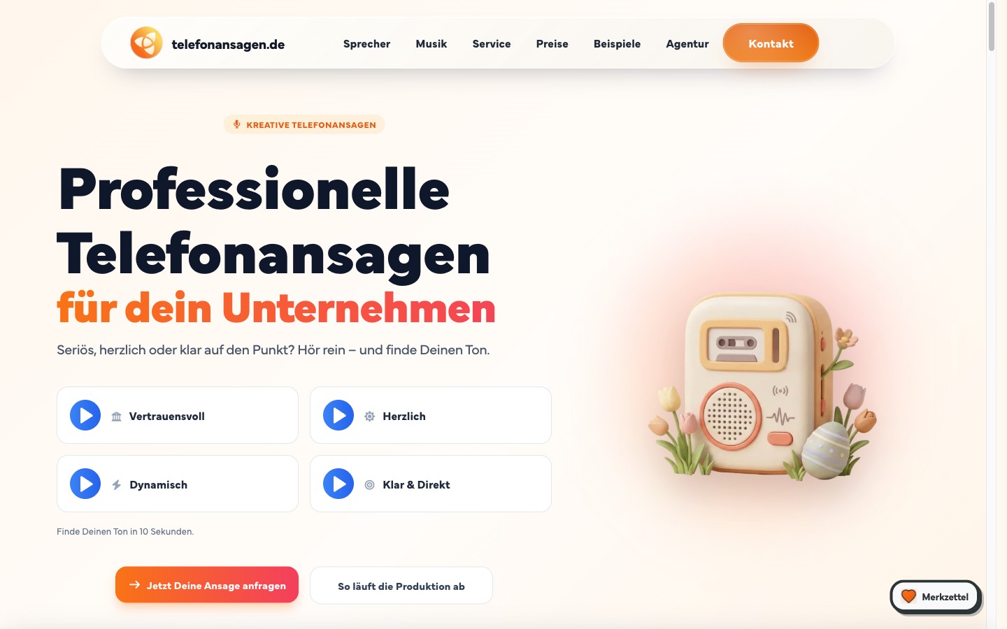 Telefonansagen.de Desktop Hero mit Retro-Radio